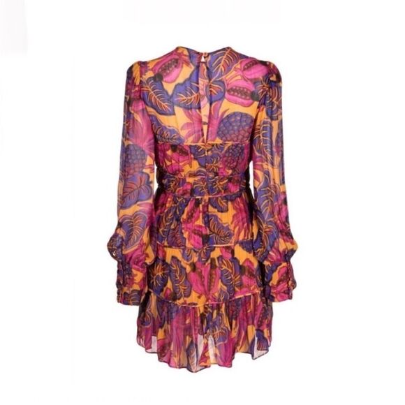 FARM RIO Pink Yellow Fruit Dream Long Sleeve Ruffle Pleated Mini Small $265 - Picture 6 of 14